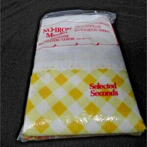VTG Yellow Checkered No Iron Muslim 2 King Pillowcases UNUSED DAMAGED PACKAGE
